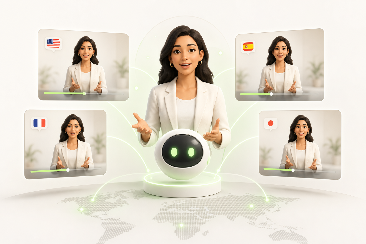 A digital avatar delivers a polished, professional video on multiple screens simultaneously in different languages