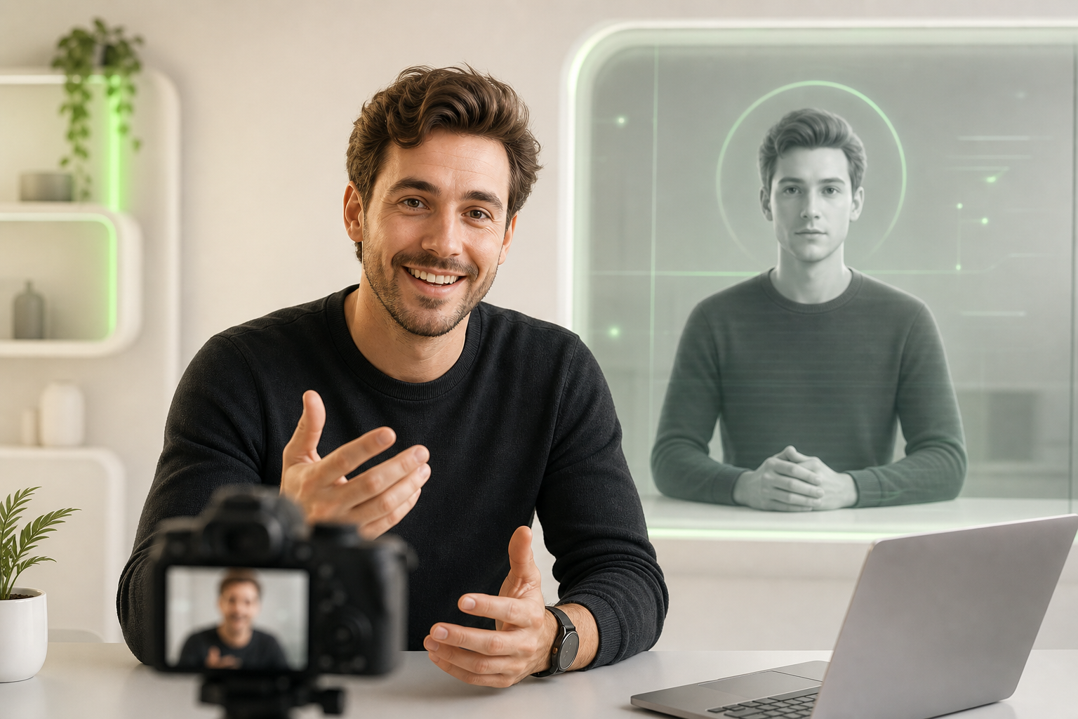 A solo creator looks straight into a camera lens, smiling with genuine warmth, while behind them a flawless but lifeless avatar fades into the background