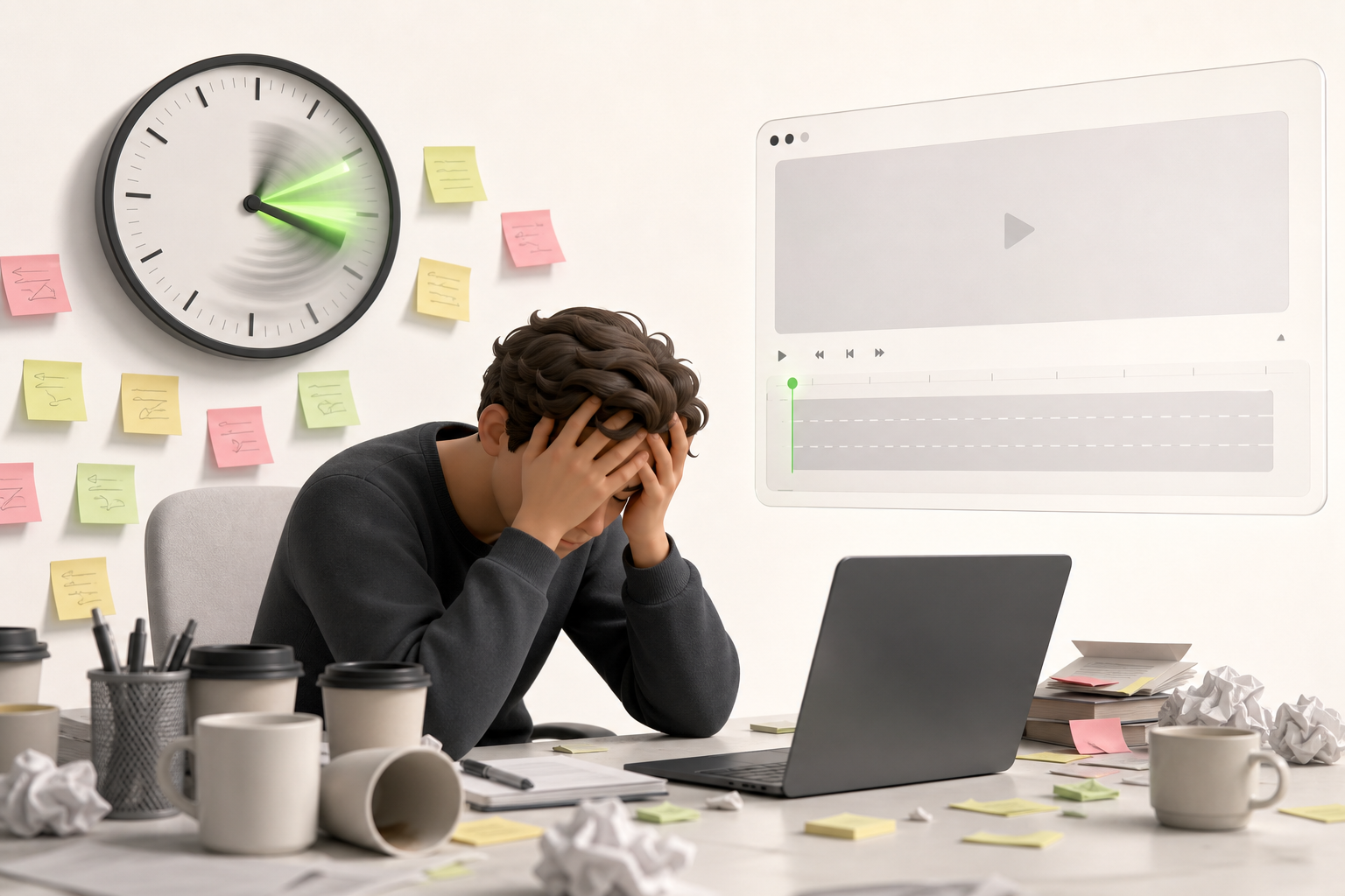A creator alone at a cluttered desk covered in sticky notes and empty mugs, head in hands, staring at a wall clock whose hands…