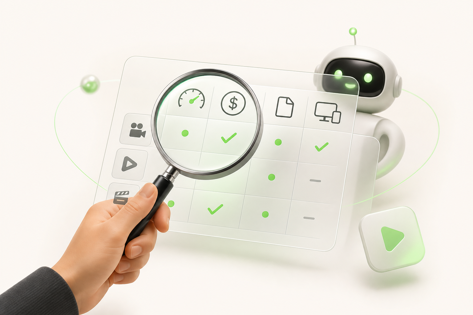 A human hand holding a magnifying glass over an imaginary comparison chart made up of icons representing speed, price, formats…