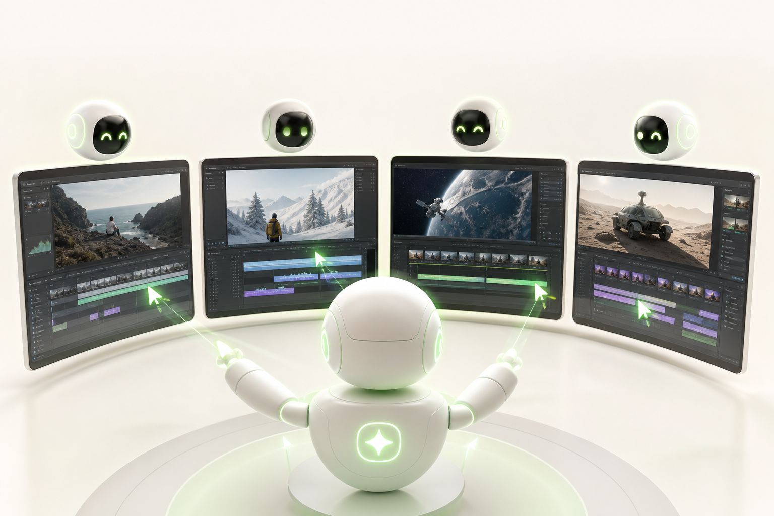 Several screens arranged in a semicircle, each displaying a different video editing interface animated by an autonomous cursor…