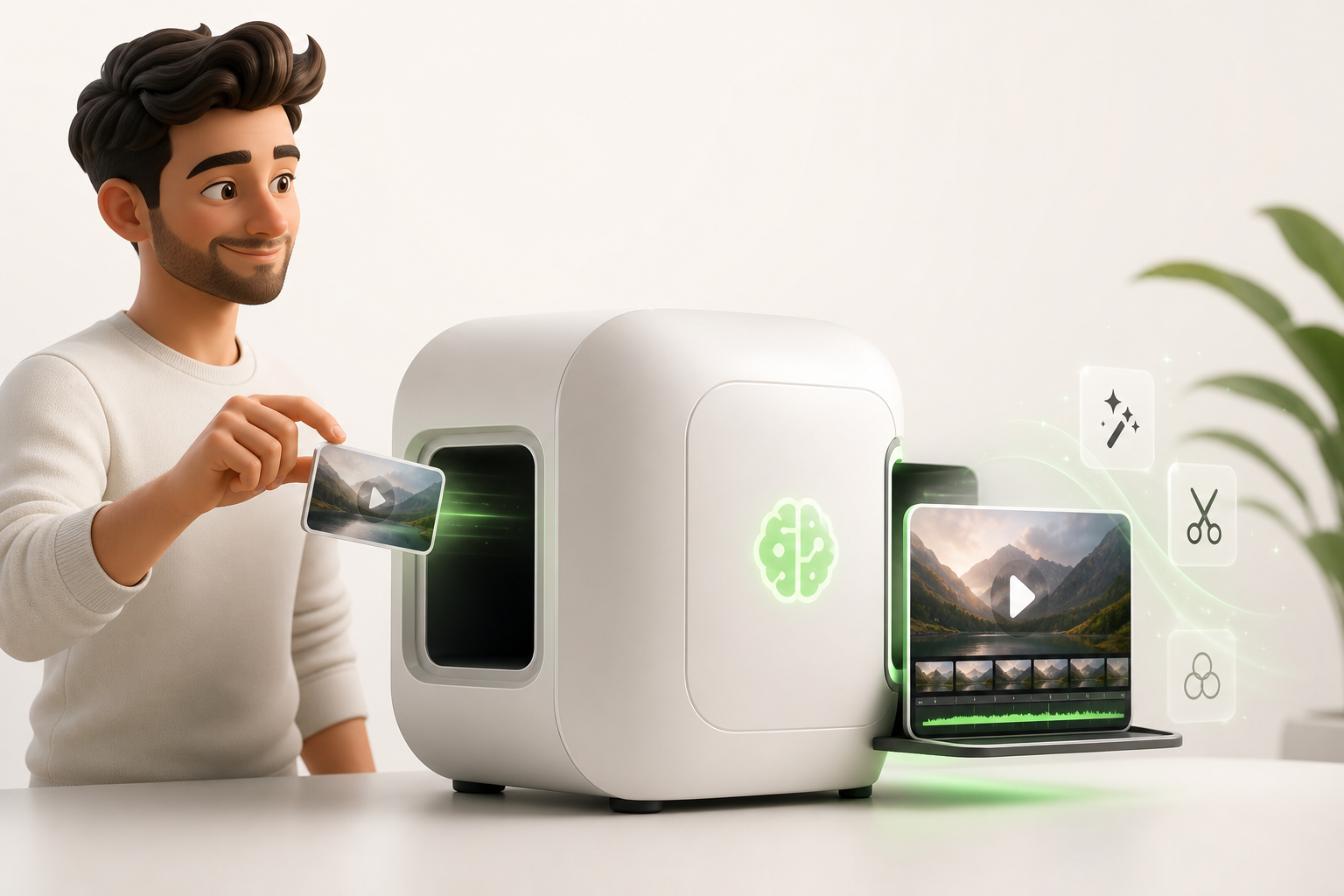 A smiling creator sliding a single raw video clip into a simple one-input machine, and receiving a polished, ready-to-publish video on the other side…