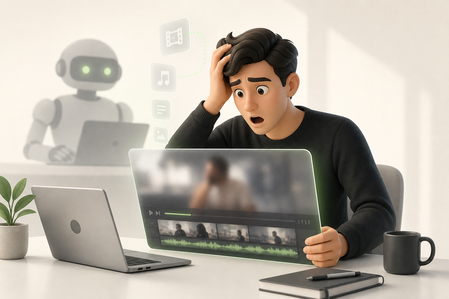 A creator discovering that their exported video is blurry and generic, their face showing surprise at an impersonal result…