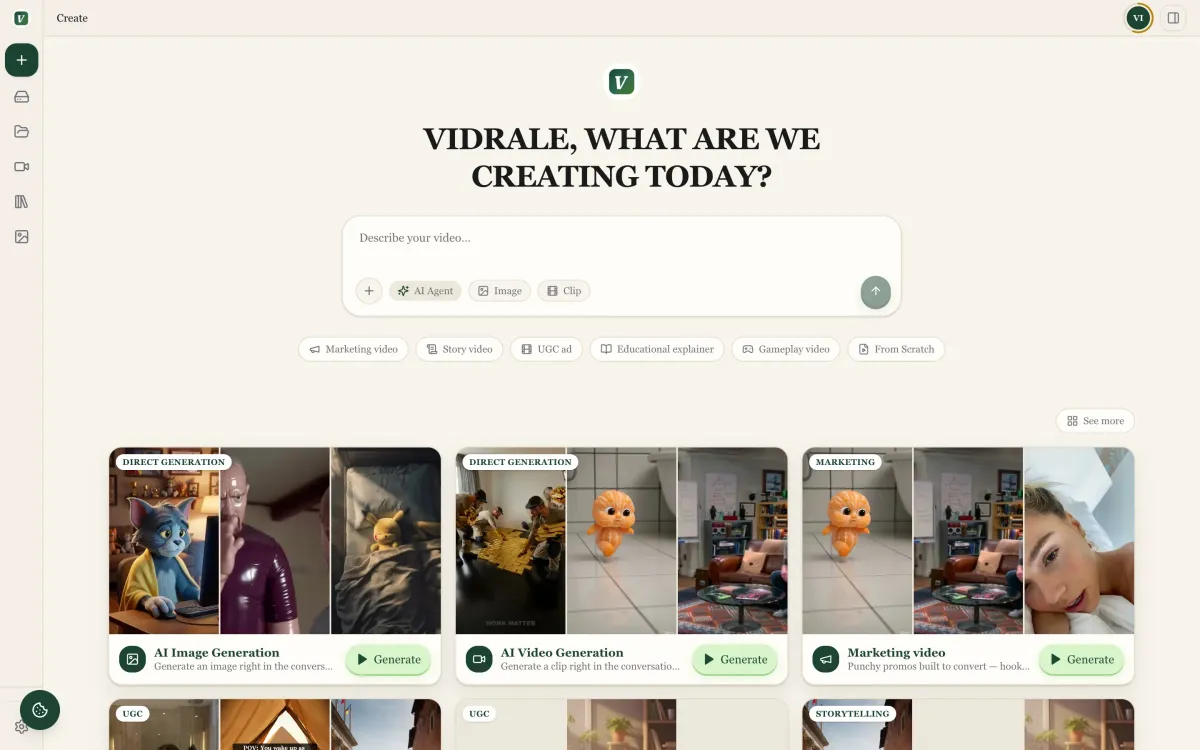 The Vidrale AI Agent workspace: a chat composer with category shortcuts and example videos