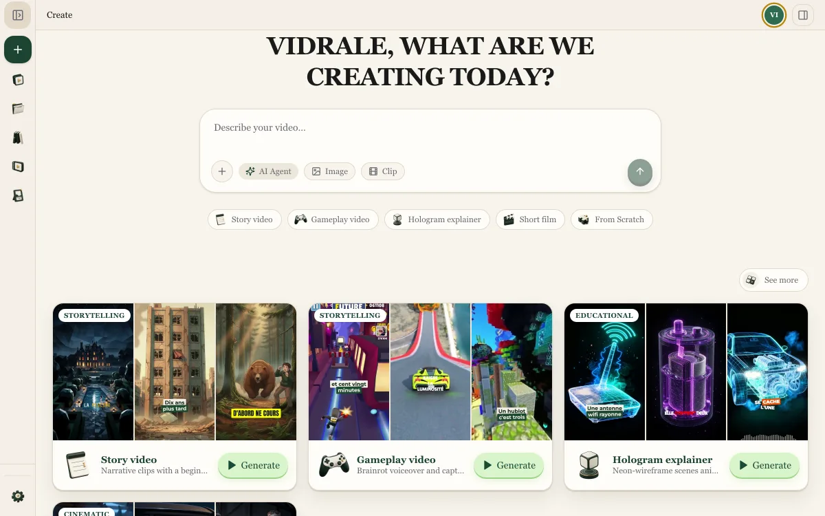 The Vidrale AI Agent workspace: a chat composer with category shortcuts and example videos