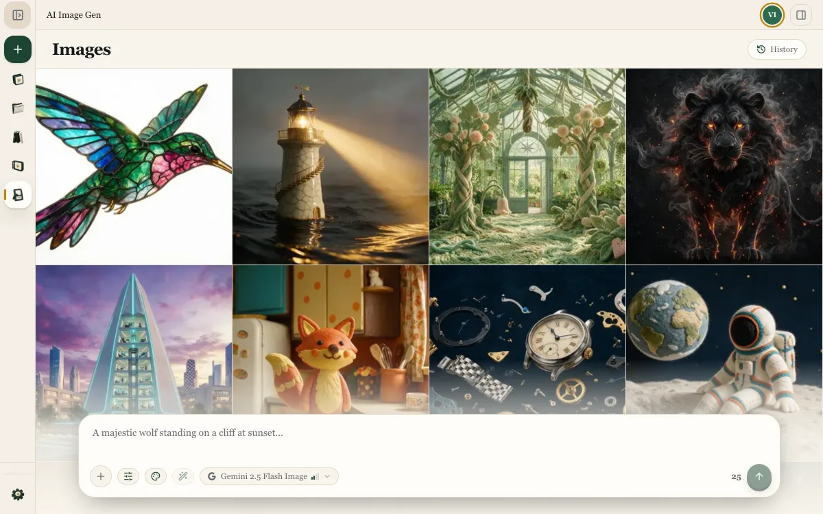 The Vidrale image generation workspace with AI-generated scene visuals