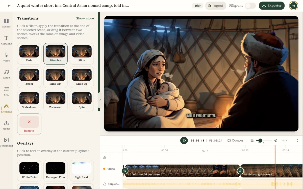 The Vidrale video editor with its scene timeline and preview
